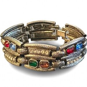 Vintage MCM Link Bracelet Multicolored Rhinestones Textured Silver Tone Metal